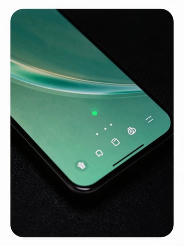 Extreme close-up of a high-end Android phone screen displaying a fluid, high-refresh-rate UI transition, dark studio environment with subtle green screen-glow reflections.