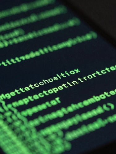 Macro close-up of a physical Android device screen in a dark studio, displaying high-contrast green terminal code reflections, cool-toned ambient screen glow, sharp geometric lines.
