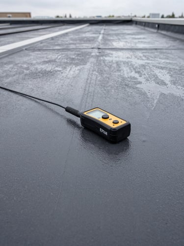 Close-up overhead view of a flat roof membrane surface, a moisture meter probe resting on grey EPDM, natural overcast diffuse daylight, condensation traces and water path markings visible on the surface, no people, investigative documentary mood