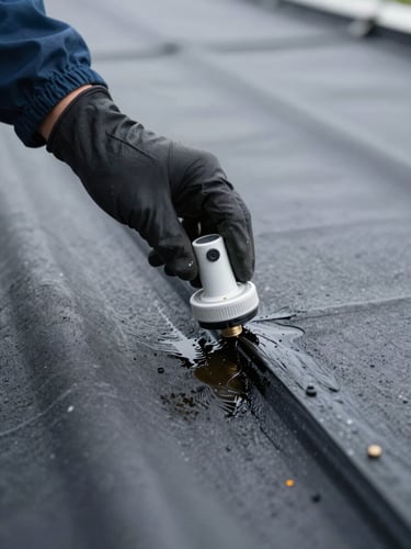 Close-up overhead shot of a technician's gloved hand pressing a calibrated moisture sensor against a flat roof membrane, water infiltration staining visible around a seam joint, overcast natural light, no shadows