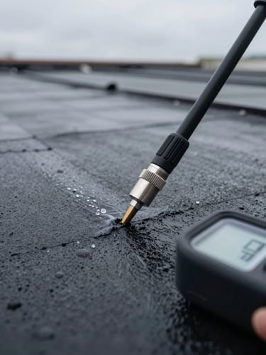 Close-up of a moisture meter probe pressed against a flat roof membrane under flat overcast daylight, condensation visible on the sensor tip, dark charcoal membrane texture filling the frame edge to edge, instrument reading display barely visible at lower right