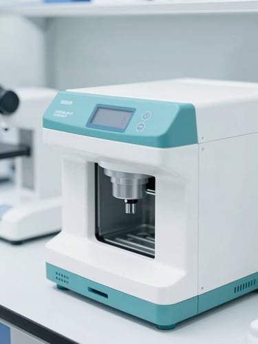 Bright high-key clinical photography, close-up of modern clinical laboratory equipment with sterile white and teal accents, sharp focus, 50mm