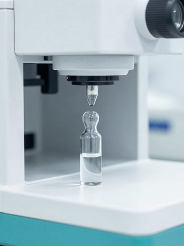Close-up of modern clinical laboratory equipment, clear glass vials in a sterile white and teal setting, bright high-key lighting, sharp focus, 50mm
