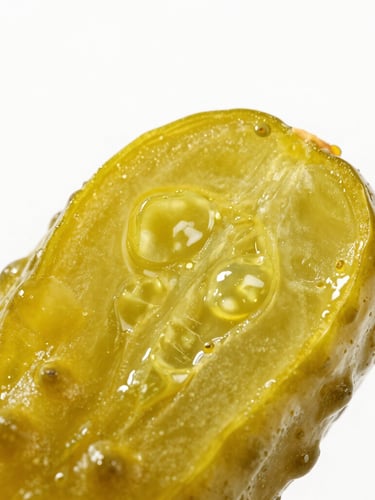 Extreme close-up of a single glistening dill pickle snapping in half, bright high-key food photography, crisp studio light, vibrant pickle green tones, macro lens, white background