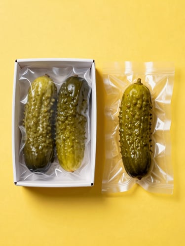 An overhead flat-lay of a sleek, minimalist single-pickle shipping box on a vibrant yellow background, a single glistening green pickle resting beside its custom vacuum-sealed pod, crisp studio lighting.