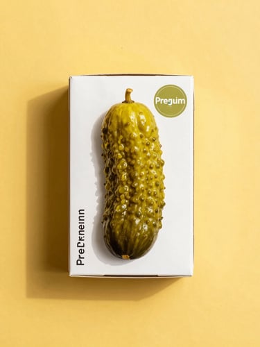 Overhead flat-lay of a single-pickle premium box on a bright mustard yellow surface, high-key studio lighting, crisp shadows