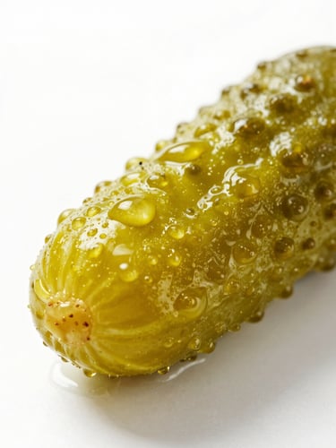 Extreme close-up macro shot of a single vibrant green pickle being snapped in half, glistening droplets of brine flying, bright high-key studio lighting with crisp shadows on a clean white background.