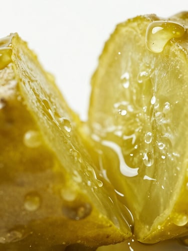 Extreme macro close-up of a premium pickle being snapped cleanly in half, glistening juice droplets flying, bright high-key lighting, vibrant green tones.