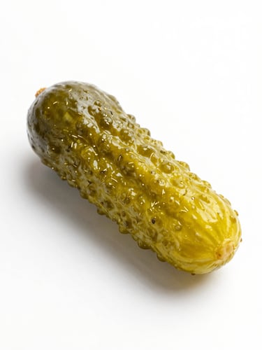 A single glistening dill pickle on a bright white studio background, high-key lighting, sharp shadows, focusing on the bumpy texture and fine dill flecks.