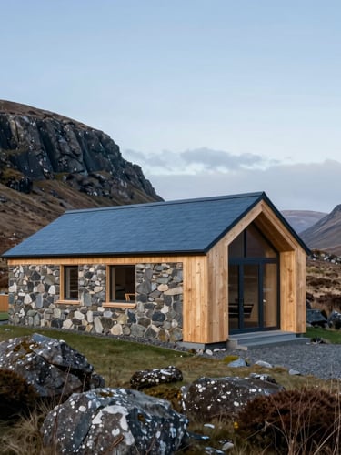 Wide shot of a modern, sustainable timber and stone structure integrated into a rugged Scottish landscape under soft, diffused northern daylight. Architectural photography, sharp focus, 35mm tilt-shift lens.