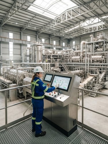 Wide shot of a modern, automated sugar mill interior with gleaming machinery under bright natural daylight, an engineer in clean safety gear reviewing a control panel in the foreground.