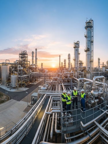 Wide panoramic shot of a modern, clean ethanol distillation plant at sunrise, with stainless steel tanks and intricate piping, engineers in clean safety gear in the mid-ground, bright natural daylight, high-detail 35mm.
