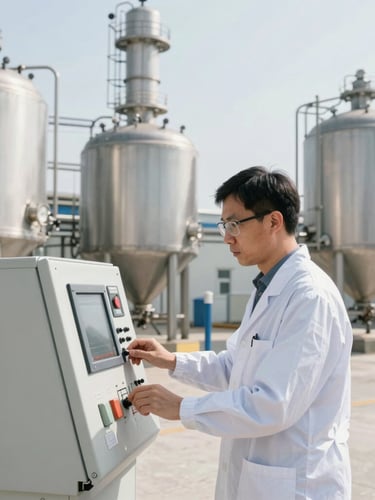 Medium shot of a focused chemical engineer in clean safety gear operating a control panel in a modern bio-refinery, bright natural daylight, crisp professional tones.