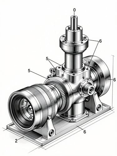 Orthographic projection of a complex mechanical assembly with leader lines and callout numbers, high-contrast black vector lines on a clean white background, clinical drafting aesthetic.