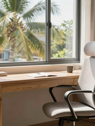 Bright realistic interior of a modern condo workspace in Rawai, natural tropical daylight streaming through a window onto a clean wooden desk, a comfortable ergonomic chair, soft warm tones, 35mm lens.