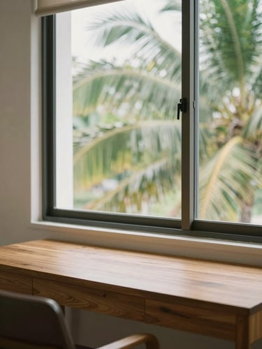 Bright interior of a modern Rawai apartment, wooden writing desk near a large window, soft tropical daylight, green palm leaves visible outside, realistic 35mm photography.
