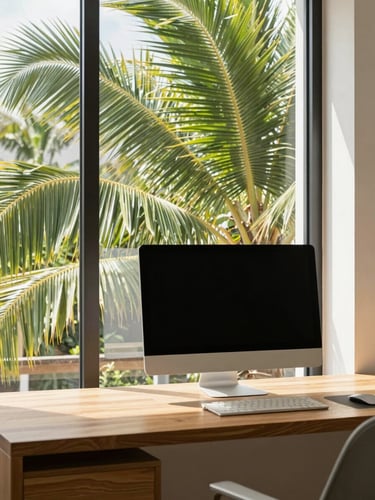 Bright natural daylight interior of a modern Rawai condo workspace, wooden desk with a monitor, green palm leaves visible through the window, soft tropical shadows, 35mm lens