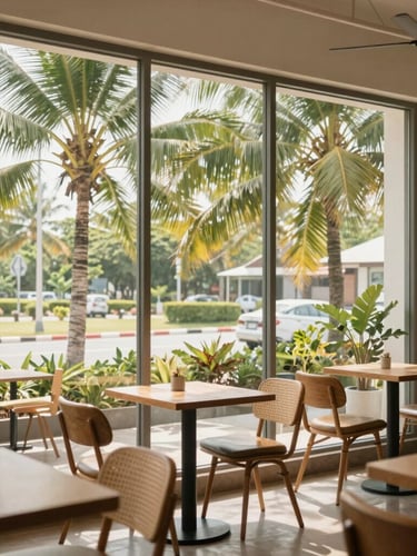 Eye-level bright interior of a modern workspace cafe in Rawai, large glass windows looking out to palm trees, warm daylight, 35mm lens