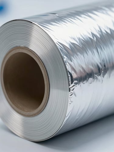 Macro close-up of a precision-slit aluminum foil roll, bright clinical studio lighting with sharp metallic reflections, slate gray and silver tones, extreme depth of field.