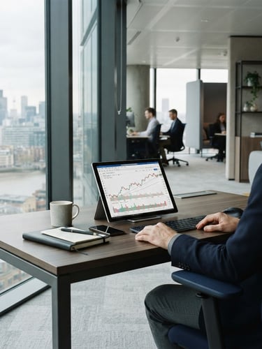 Modern corporate office interior with a large window, a financial chart displayed on a tablet on a sleek desk, soft natural overcast daylight, deep navy and neutral tones, sharp focus, 35mm