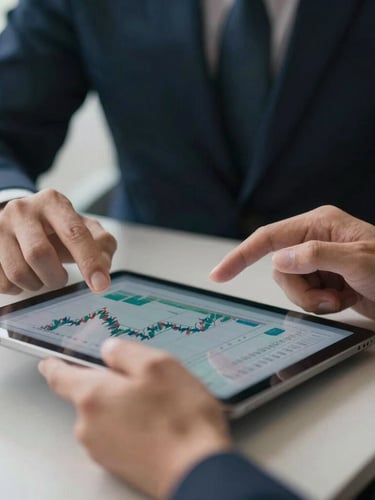 Close-up of hands reviewing financial charts on a tablet, professional business tools, soft natural light, deep navy and neutral tones, sharp focus, 35mm