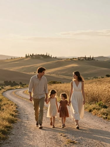 Wide environmental shot of a family walking hand-in-hand along a quiet Tuscan path during golden hour, soft warm light, elegant styling, expansive landscape behind them.