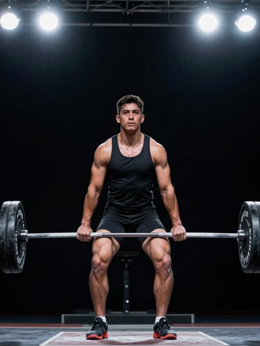 Atleta de halterofilia de Nuevo León en la posición de recepción de arranque, con tiza en el aire, bajo focos de competición. Fondo oscuro y de alto contraste.