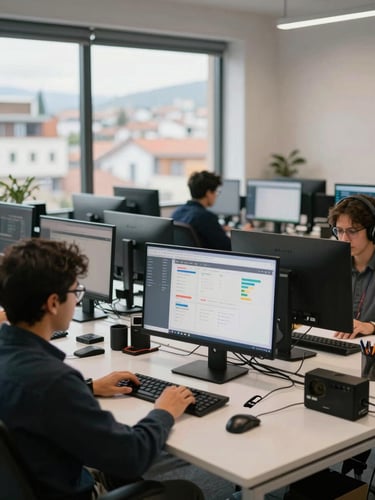 Wide environmental shot of a small software team at desks in a daylit Quito office, monitors showing dashboard interfaces, natural north-facing window light, no posed faces, work in progress visible on screens