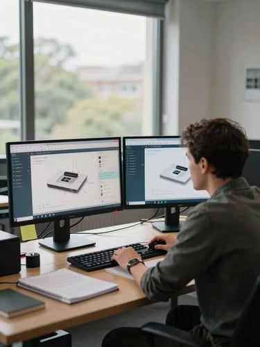Wide environmental shot of a developer reviewing a product interface on two screens in a workspace, diffused daylight from a north-facing window, work-in-progress artifacts like sticky notes and a notebook visible on the desk, medium framing showing room context