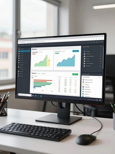 Wide environmental shot of a monitor displaying a live analytics dashboard with charts and campaign metrics, on a clean desk in a daylight Quito office, diffused north-facing window light, slight angle showing the full screen context