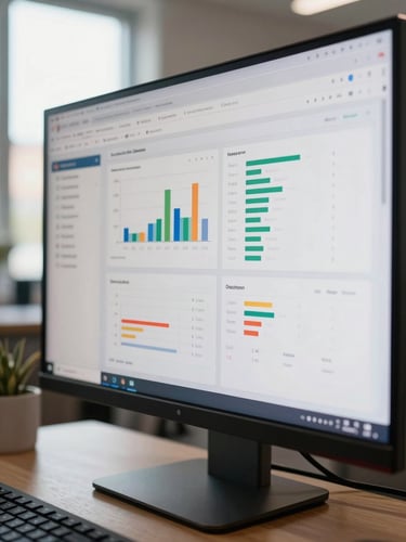 Close-up of a SaaS dashboard interface on a large monitor in a daylit Quito office, data charts and metrics visible on screen, natural window light from the left, tight environmental framing showing the desk surface and keyboard edge