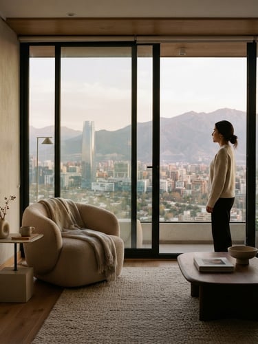 Vertical shot of a modern minimalist apartment living room with large windows overlooking Santiago, soft natural light, warm neutral tones, wood and stone textures, a subtle hint of a person observing the view from the side.