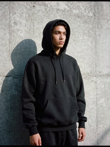 Low-angle editorial 35mm film shot of a heavyweight black cotton hoodie on a model standing against a raw textured concrete wall, harsh direct sunlight, deep shadows.
