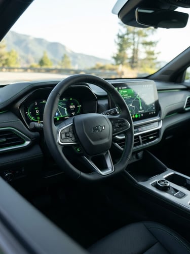 Close-up of a modern car dashboard in bright daylight, clean interior, focus on steering wheel and navigation screen, green accents