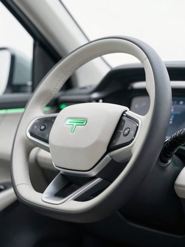 Close-up of modern car dashboard technology, clean steering wheel, bright natural daylight, crisp green accent light