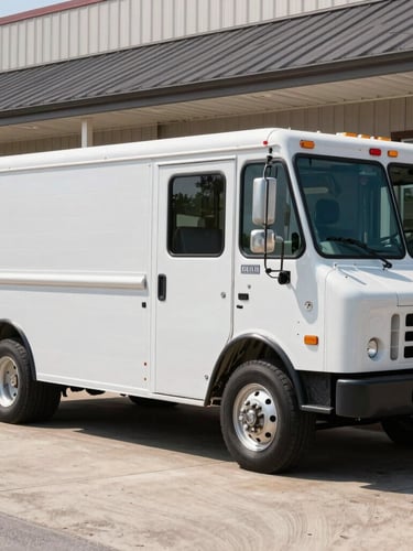 Crisp industrial photography of a clean, branded garage door service truck parked outside a professional storefront on Clemson Boulevard in Anderson, bright natural daylight, sharp focus, 35mm