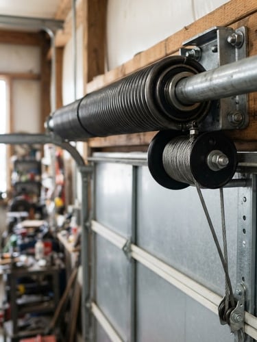 Close-up of heavy-duty garage door torsion springs, clean, sharp focus, industrial utility, bright natural daylight, 35mm