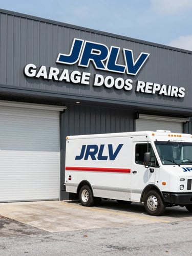 Wide shot of JRLV Garage Doors Repairs physical storefront on Clemson Blvd, Anderson SC, with a branded service truck parked outside, bright natural daylight, crisp industrial photography, 35mm.