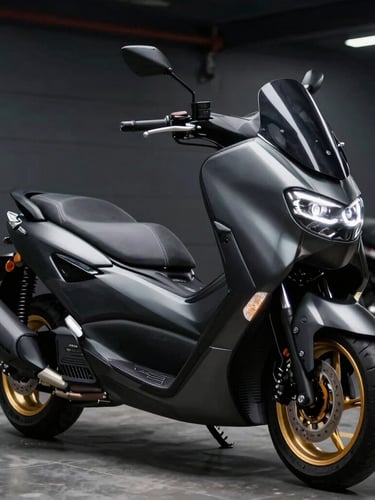 Sleek shadowy side profile of a metallic black Yamaha Nmax motorcycle, headlights glowing softly, gold metallic accents on the wheel rims, dark luxury garage setting