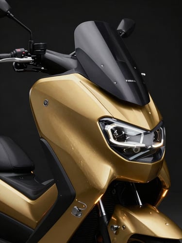 Sleek, shadowy close-up of a Yamaha Nmax metallic gold curves and headlight, studio lighting with dramatic gold rim lights against pitch-black background.