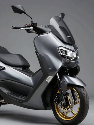 Sleek shadowy glimpse of Yamaha Nmax metallic curves and headlights, treated like a luxury vehicle, studio lighting with gold accents.