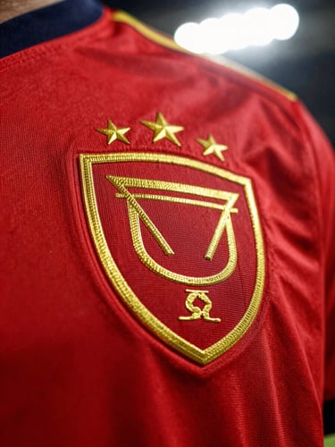Close-up of a premium football jersey crest under intense stadium lighting, vibrant colors, sharp focus on fabric texture, 35mm