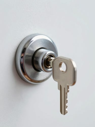 Macro shot of a high-security key turning inside a modern chrome lock cylinder, bright neutral daylight, sharp focus