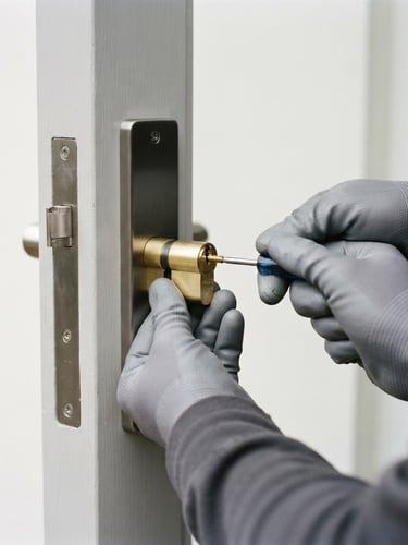 Close-up of professional hands in clean gloves carefully replacing a metal lock cylinder on a door, bright neutral daylight, sharp focus, 35mm