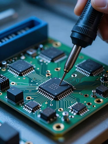 Extreme close-up of micro-soldering on a green ECU circuit board, diagnostic probe touching a chip, cool-toned blue LED workshop lighting, sharp focus on components, dramatic shadows, professional electronics lab environment.