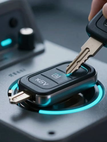 Extreme close-up of a high-tech key programming machine cutting a smart car key transponder in a clean, dark laboratory, electric cyan highlights