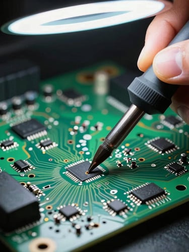Extreme close-up of a master technician micro-soldering a green automotive ECU circuit board under cool LED ring light, focus on soldering iron tip and tiny capacitors, high-contrast shadows