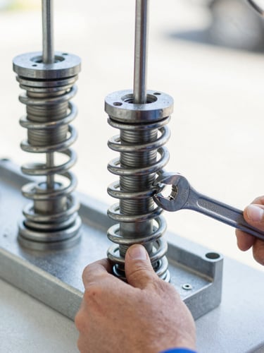 Close-up shot of heavy-duty steel torsion springs being calibrated by a technician's hands holding a wrench, bright Southern California daylight, sharp focus on mechanical details, 50mm lens