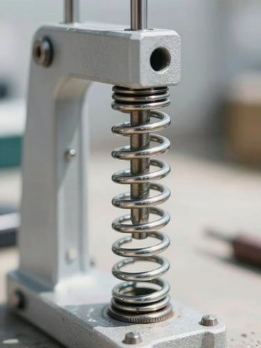 Close-up of a heavy-duty steel torsion spring being calibrated with a winding cone, sharp focus on mechanical details, bright daylight
