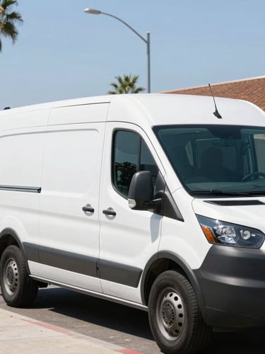 A clean service van parked on a sunny San Diego street near Pacific Beach, bright Southern California daylight, crisp commercial photography